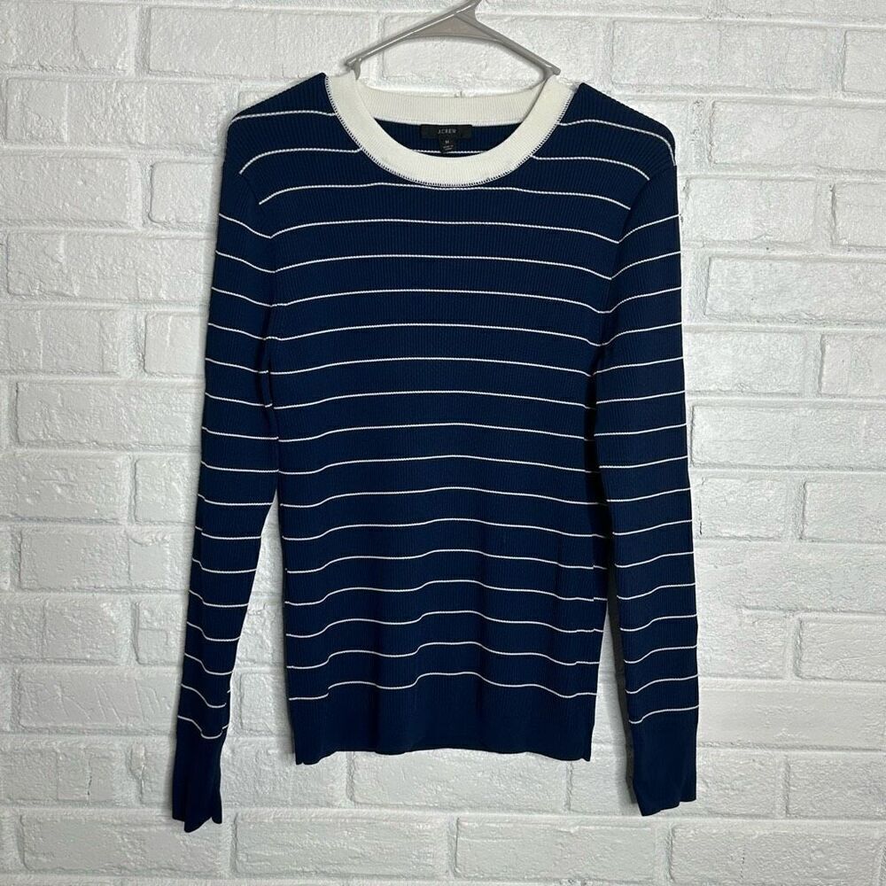 J Crew Ribbed Striped Crewneck Sweater Fitted Navy Blue size Medium‎